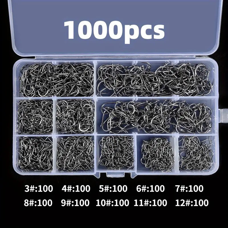 1000-piece Carbon Steel Barbed Fishing Hooks Set freshwater and Salt Water