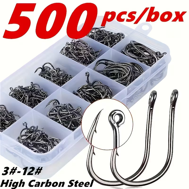 500-piece Carbon Steel Barbed Fishing Hooks Set freshwater and Salt Water