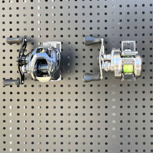 Wall-Mounted Fishing Reel Organizer – Pegboard Rack for Baitcasting & Fly Reel Collection