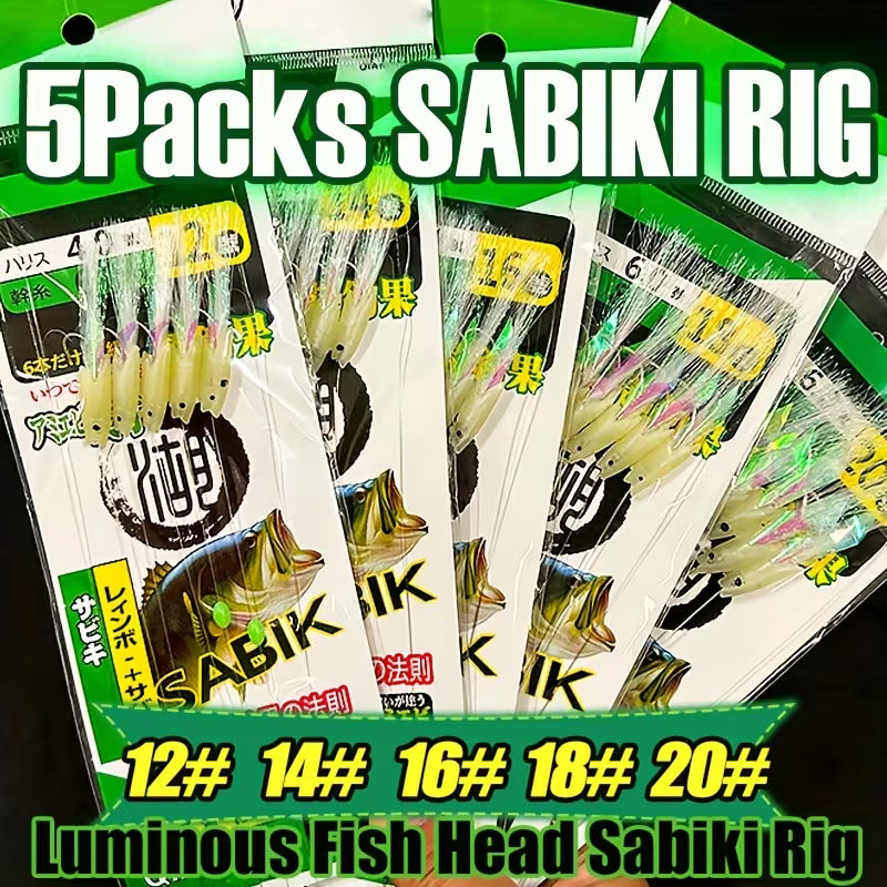 TAKBAS 5-Pack Sabiki Fishing Rigs – Glowing Fish Head & Fish Skin Lures, Sharp Hooks Sea & Freshwater Mackerel Bait Rigs