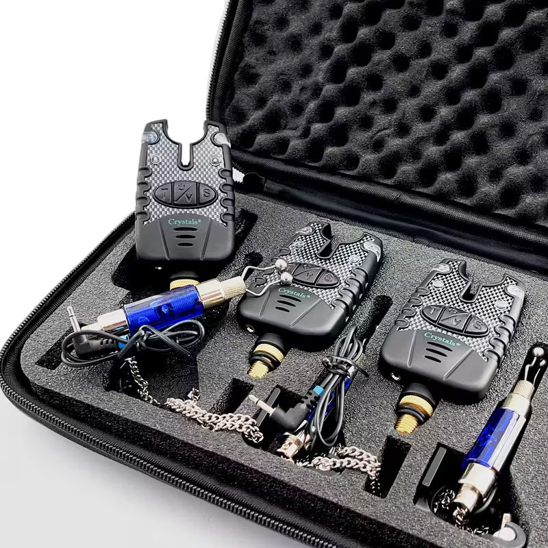 Crystals Carp Fishing Bite Alarm Set with Volume & Tone Control – Alarms & Swinger Indicators in Protective Case