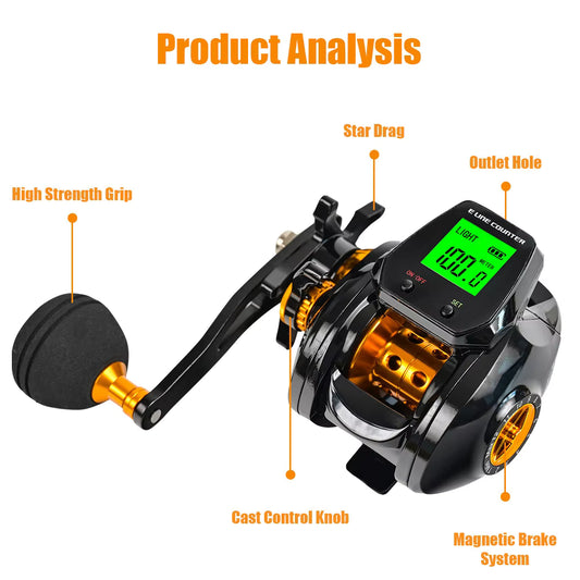 Left Handed Smart Digital Fishing Reel – Baitcasting with Bite Alarm, Line Counter & Fast 7.2:1 Gear