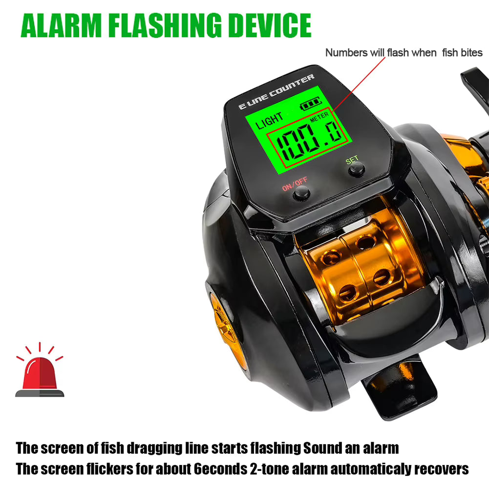 Left Handed Smart Digital Fishing Reel – Baitcasting with Bite Alarm, Line Counter & Fast 7.2:1 Gear