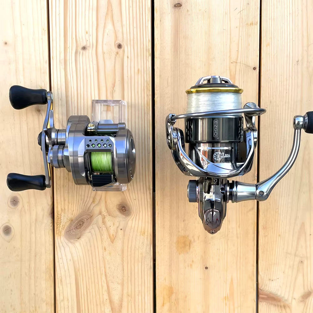 Wall-Mounted Fishing Reel Organizer – Pegboard Rack for Baitcasting & Fly Reel Collection