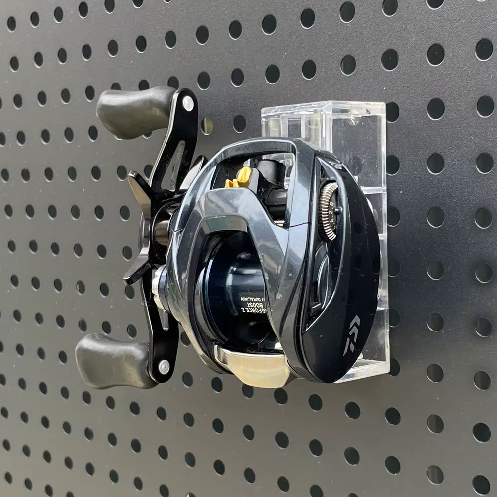 Wall-Mounted Fishing Reel Organizer – Pegboard Rack for Baitcasting & Fly Reel Collection