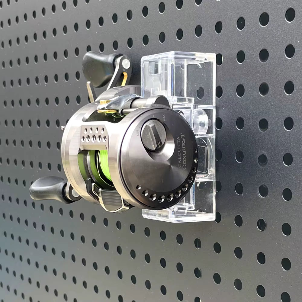 Wall-Mounted Fishing Reel Organizer – Pegboard Rack for Baitcasting & Fly Reel Collection