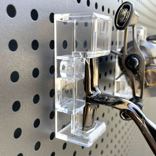 Wall-Mounted Fishing Reel Organizer – Pegboard Rack for Baitcasting & Fly Reel Collection