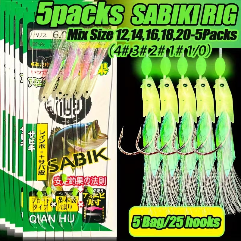 TAKBAS 5-Pack Sabiki Fishing Rigs – Glowing Fish Head & Fish Skin Lures, Sharp Hooks Sea & Freshwater Mackerel Bait Rigs